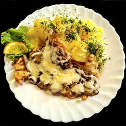 KOTLET Z PIERSI KURCZAKA Z PIECZARKAMI / HÄHNCHENSCHNITZEL MIT PILZEN UND KÄSE 140g (Bez dodatków)